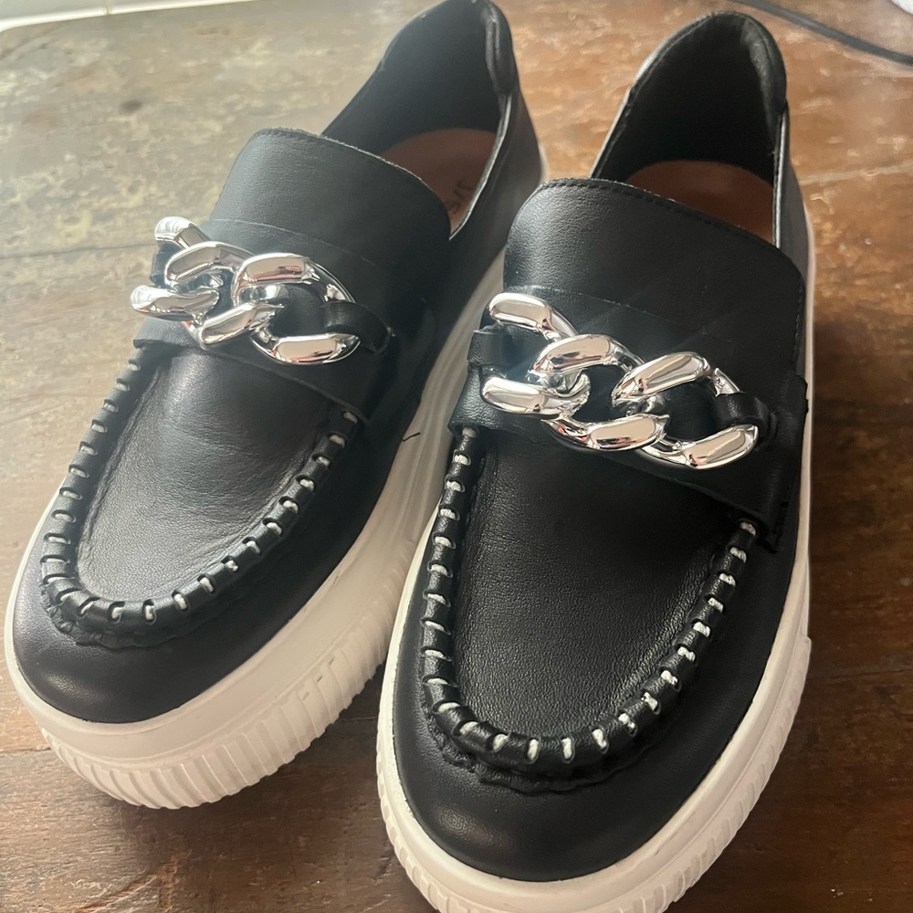 Sleek Black Loafers with Silver Chain Accent. JS Slides size 7